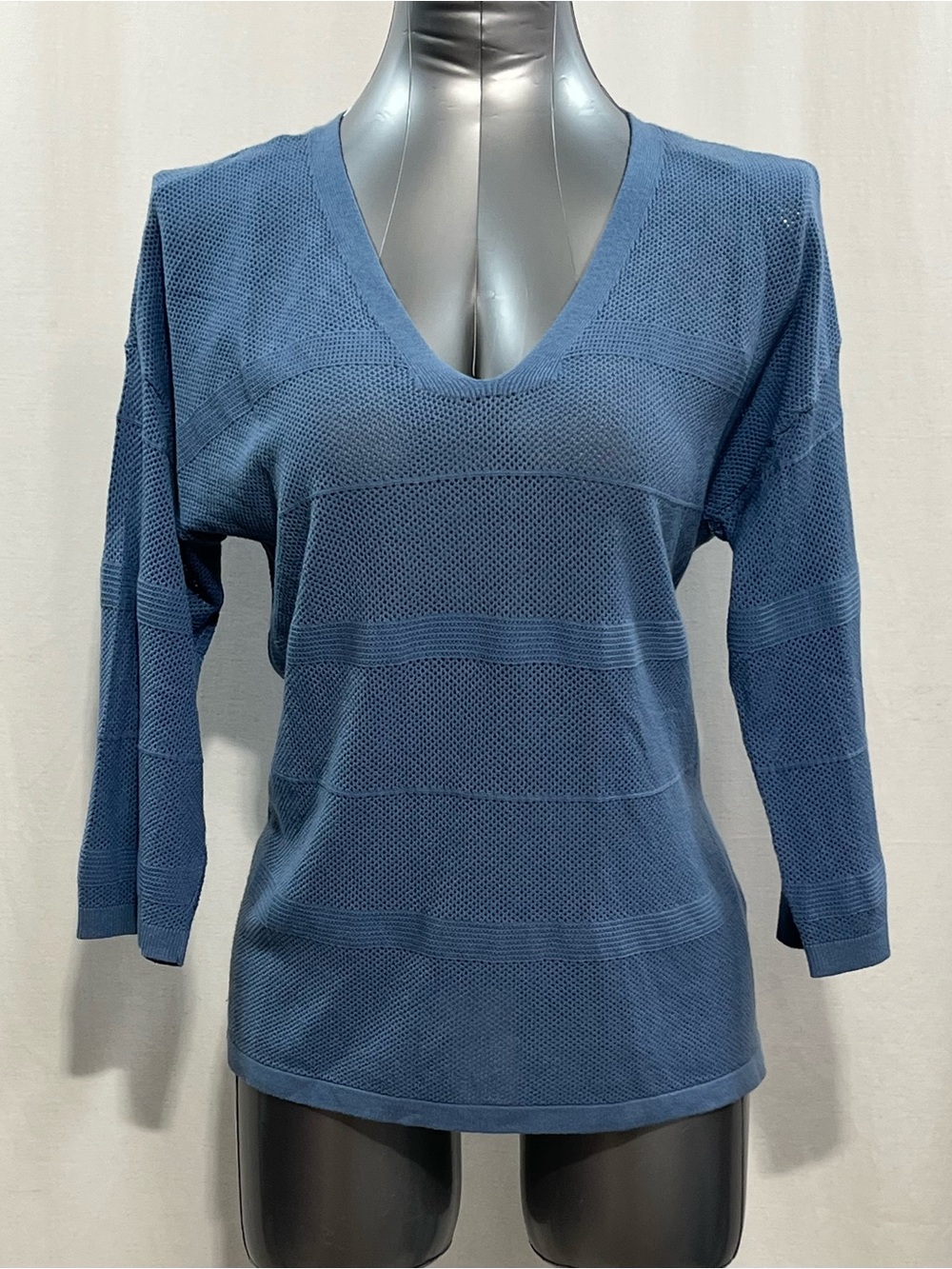 Tribal Women Short Sleeve Sweater V Neck Striped Mesh Open Knit Blue 1502
